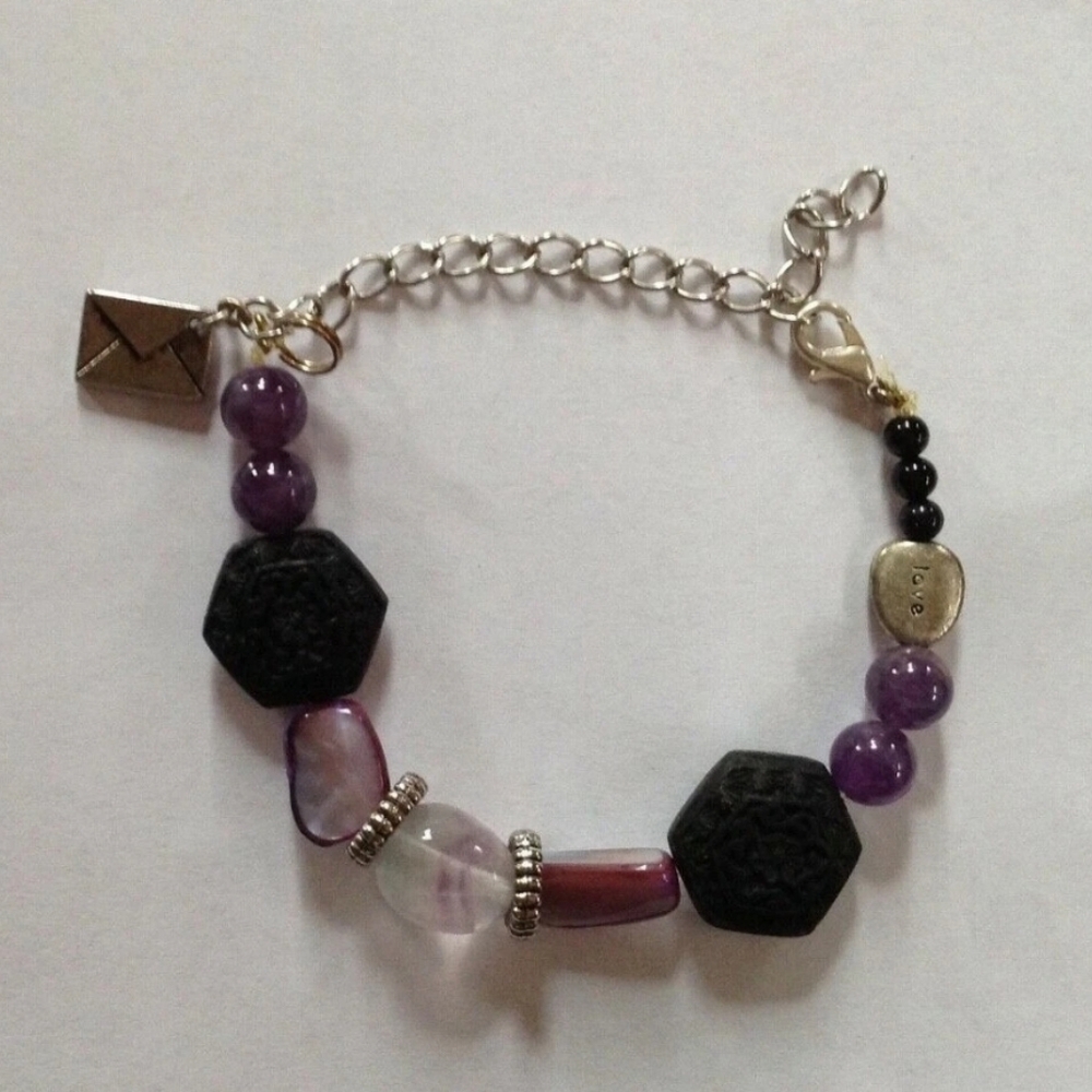 Love Charm Bracelet with Purple Stones Sliver Tone Stretchable 9"